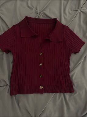 Ribbed Short-Sleeve Button Down Polo Crop Top in Deep Burgundy